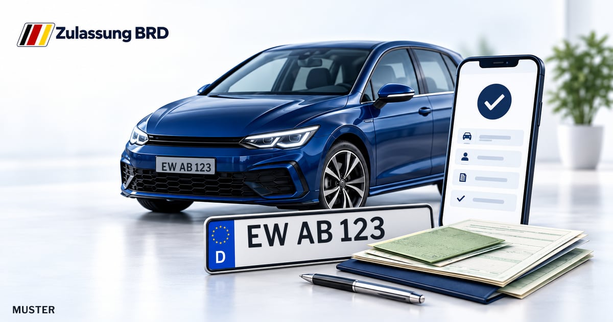 Online Fahrzeugzulassung in Wandlitz: Musterkennzeichen EW AB 123, Auto und Fahrzeugpapiere und Smartphone. Illustration mit Logo von Zulassung BRD.